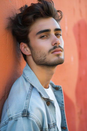 Portrait of a handsome young man with long hair in a blue denim jacketの素材