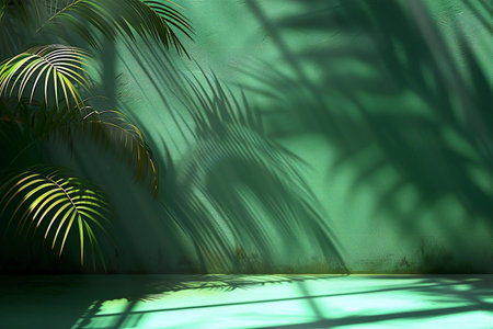 a green room with palm leaves and sunlight.の素材