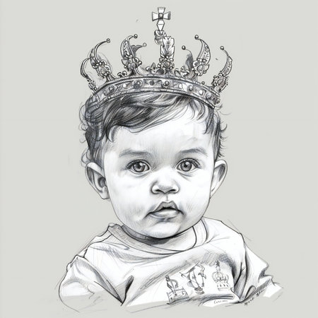 Hand drawn portrait of a little boy in a crown.の素材