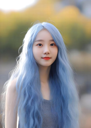 Portrait of a beautiful asian girl with blue hair in the parkの素材