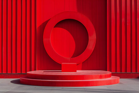 Red round podium on a background of red wall.の素材