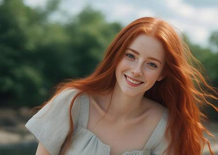Portrait of a beautiful young red-haired girl with freckles on her faceの素材