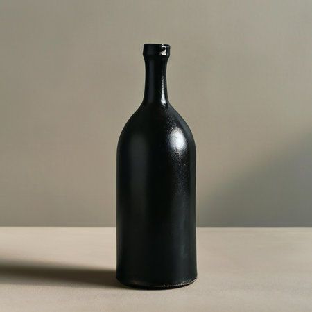 Black wine bottle on grey background. Minimal still life photography.の素材