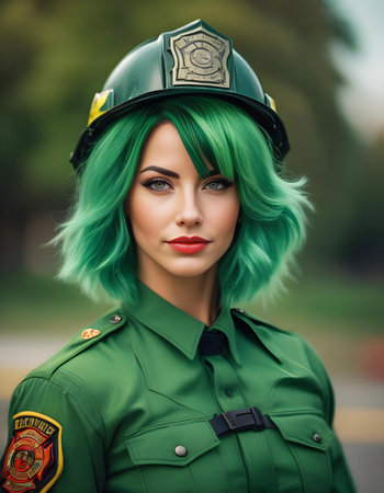 Beautiful girl in green wig and police uniform on the street.の素材