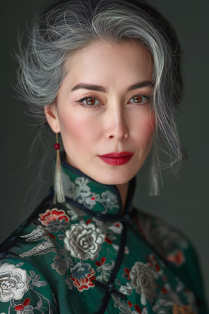 Portrait of a beautiful young woman with gray hair and red lipsの素材