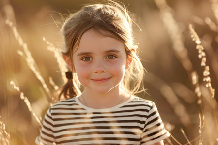 Portrait of a cute little girl in the field at sunset.の素材