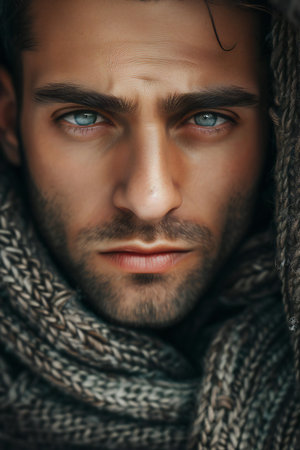 Close-up portrait of a handsome young man in scarf. Men's beauty, fashion.の素材