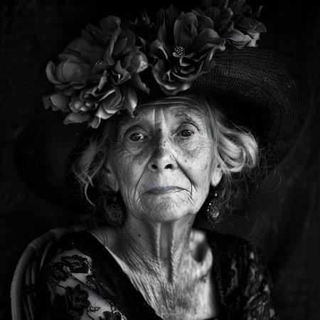 Portrait of an elderly woman in a hat with flowers. Black and white.の素材