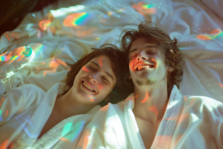 Young couple in love lying in bed with colorful bokeh lightsの素材