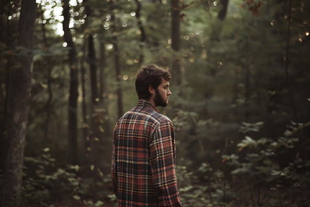 Handsome bearded man in checkered shirt in autumn forestの素材