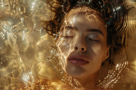 Beautiful young woman in water with drops of water, closeupの素材