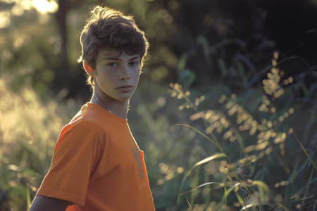 Portrait of a teenage boy in an orange T-shirt in the fieldの素材