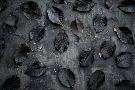 Black leaves on dark background. Flat lay, top view, copy spaceの素材