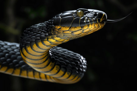 Close-up of a black and yellow snake on a dark backgroundの素材