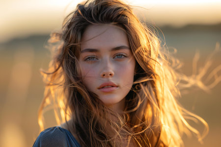 Close up portrait of beautiful young woman with windy hair, outdoorsの素材