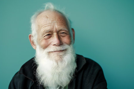 Portrait of a senior man with a white beard on a blue backgroundの素材