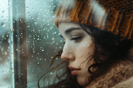 Close up portrait of a beautiful young woman in winter hat looking through the windowの素材