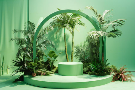 3d render of green minimal display podium with tropical palm trees.の素材