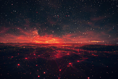 Futuristic landscape with glowing city and network. 3d renderingの素材