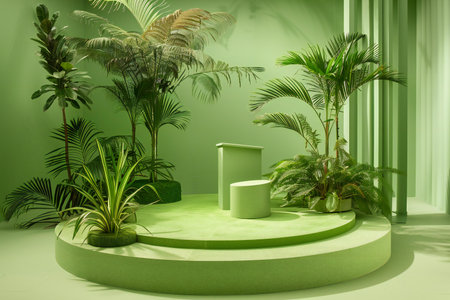 3d render of green minimal product display podium with palm tree.の素材