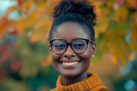 Close up portrait of beautiful african american woman in the autumn parkの素材