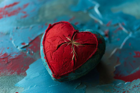 Red heart on a blue background. Valentine's Day. Selective focus.の素材