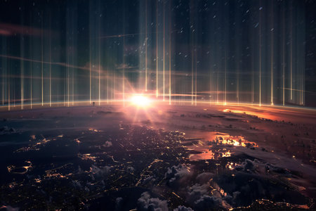 an alien planet with light rays coming out of itの素材