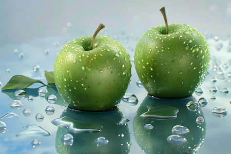 Green apples with water drops on a white background. Close-up.の素材