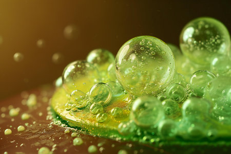 Water drops on a green soap bubble, close-up, macroの素材