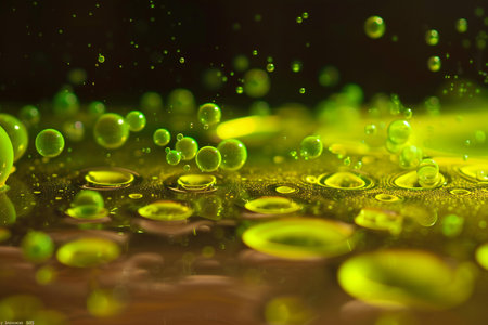 Close up shot of green and yellow oil drops on water surface.の素材