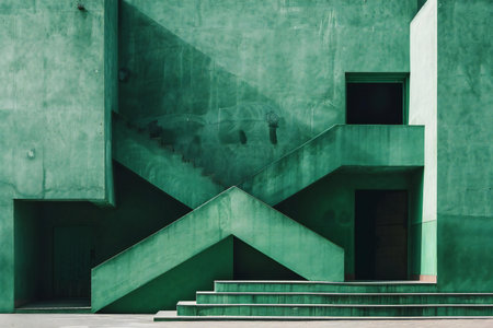 Green wall of an old building with stairs and a staircase in the backgroundの素材