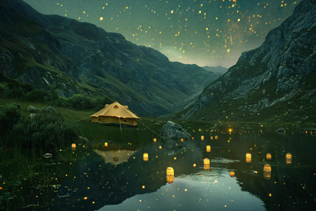 Lanterns in the mountains at night with reflection in the lakeの素材