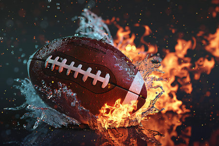 american football ball with water splash on black backgroundの素材