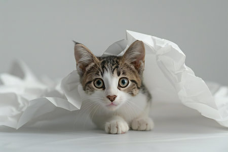 cute little tabby kitten peeking out of crumpled paperの素材