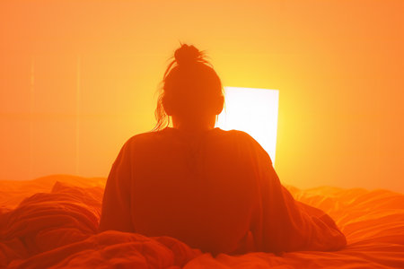 Silhouette of a woman with a laptop on the bed at sunsetの素材