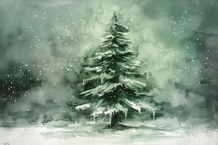 Watercolor illustration of a Christmas tree in the snow. Christmas card.の素材