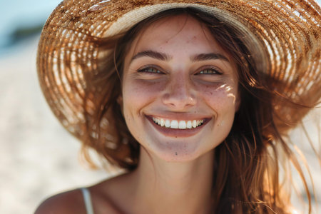 Portrait of a beautiful young woman in straw hat on the beachの素材