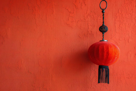 Hanging red lantern on a red wall with copy space. Traditional Chinese New Year decoration.の素材