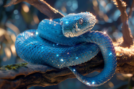 Close-up of a blue snake on a branch in the forestの素材