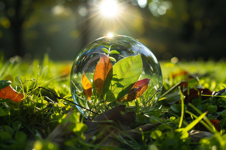 crystal ball with green leaves on the grass in the park in the sunの素材