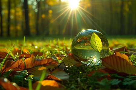 Crystal ball on the grass with autumn leaves and sunbeams.の素材