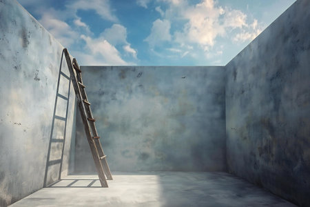 Ladder in an empty room with concrete wall and blue sky backgroundの素材