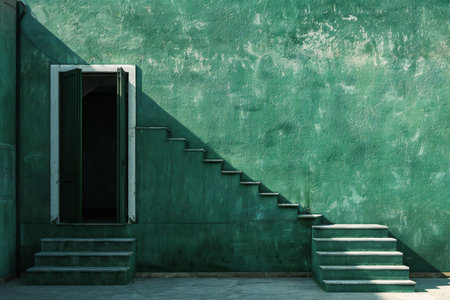 Green wall with stairs and green door.の素材