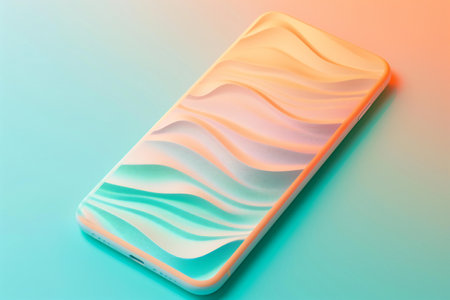 Smartphone with abstract screen on blue background.の素材