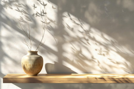 Wood shelf with vase on white wall background.の素材