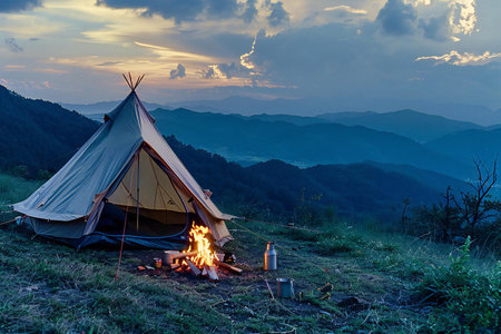 Camping in the mountains at sunset with a tent and bonfireの素材