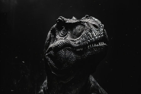 Close-up of the head of a dinosaur on a black backgroundの素材