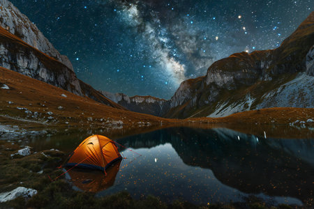 Camping on the lake in the mountains under the starry skyの素材