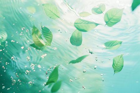 green leaves with water drop on blue water background, ecology and environment conceptの素材