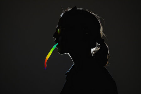 Silhouette of a girl with a rainbow on a dark backgroundの素材